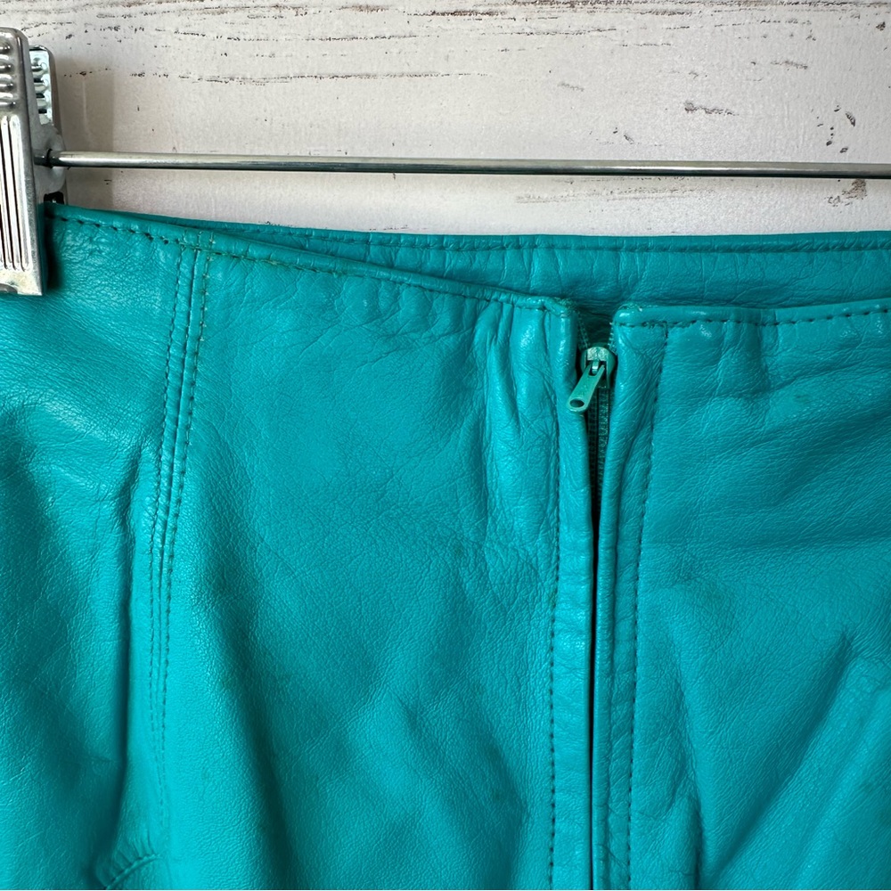 VINTAGE 90s 80s Leather Western Teal Turquoise High Waisted Mini Skirt Sz 8 - Picture 8 of 10